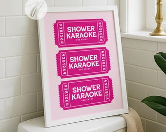 Shower Karaoke Ticket Pink Bathroom Retro Aesthetic, Trendy Bathroom Wall Art, Shower Singing Art Sign, College Apartment, Preppy Girly Dorm