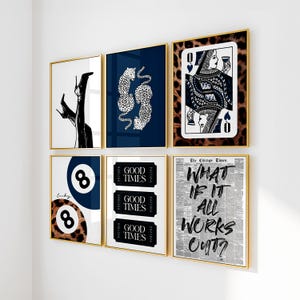 Navy Wall Art Set, Retro 8 Ball Poster, Blue Cheetah Print, Navy Vintage Pool Ball Wall Art, Queen of Hearts Card, Preppy Room Aesthetics