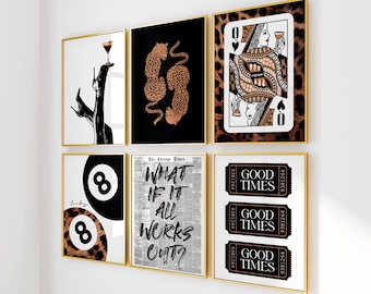 Gallery Girly Prints Set of 6, Black Lucky 8 Pool Ball Poster, Trendy Leopard Aesthetic, Newspaper Print, Y2K Apartment Decor, Printable Art