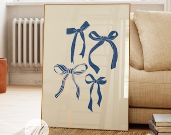 Navy Blue Bows Print, Preppy Wall Art, Navy Coastal Cowgirl, Coquette Room Decor, College Apartment Decor, Girly Balletcore Room Aesthetic