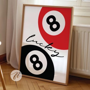 Lucky 8 Ball Print, Retro Lucky Girl Poster, Czerwona sztuka ścienna Vintage Pool Ball, Y2k Aesthetic Apartment Decor, Funky Eight Ball Bar Cart Art
