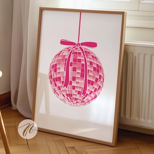 pink disco ball bow print, preppy wall art, coquette decor, cute mirror ball dopamine poster, college apartment decor, girly room aesthetic