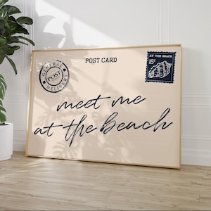 Impression de carte postale rencontrez-moi à la plage, art mural côtier tendance, affiche de typographie bleu marine, décor esthétique plage petite-fille côtière, numérique