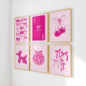 Rosa Schleifen Drucksatz von 6, adrette Wohnheim Wandkunst, kokett Dekor, Ass-Karte Glückskind-System, College Wohnung Dekor, mädchenhafte Raumästhetik