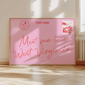 Stampa cartolina West Virginia, arte murale State Love, estetica rosa minimalista, regalo West Virginia, decorazione dello stato di origine, poster tipografico carino