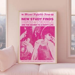 disco and tequila newspaper print trendy wall art prints pink retro bar cart decor preppy girly wall art print aesthetic decor printable art