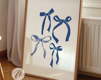 navy blue bows print, preppy wall art, navy coastal cowgirl, coquette room decor, college apartment decor, girly balletcore room aesthetic