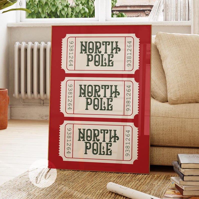 north pole ticket print, red christmas wall art decor, trendy christmas prints, funky christmas art, holiday decor, printable digital prints