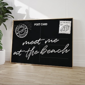 Rencontrez-moi à la plage, impression de carte postale d&#39;art mural côtier tendance, affiche de typographie noire, décoration esthétique balnéaire côtière de petite-fille, numérique