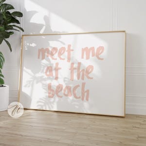 meet me at the beach print, trendy coastal wall art, light pink typography poster, beach house decor, ocean wall art, girly aesthetic decor