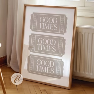 wydruk biletu good times, plakat z grafiką baru, dekoracja pokoju w stylu preppy y2k, modna dekoracja ścienna do mieszkania, dekoracja ścienna w akademiku