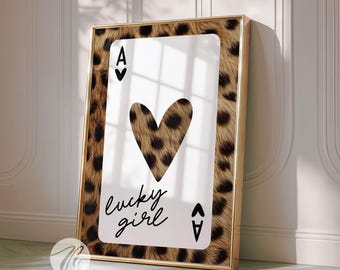 Playing Card Art, Lucky Girl, Leopard Print, Affirmation Wall Art