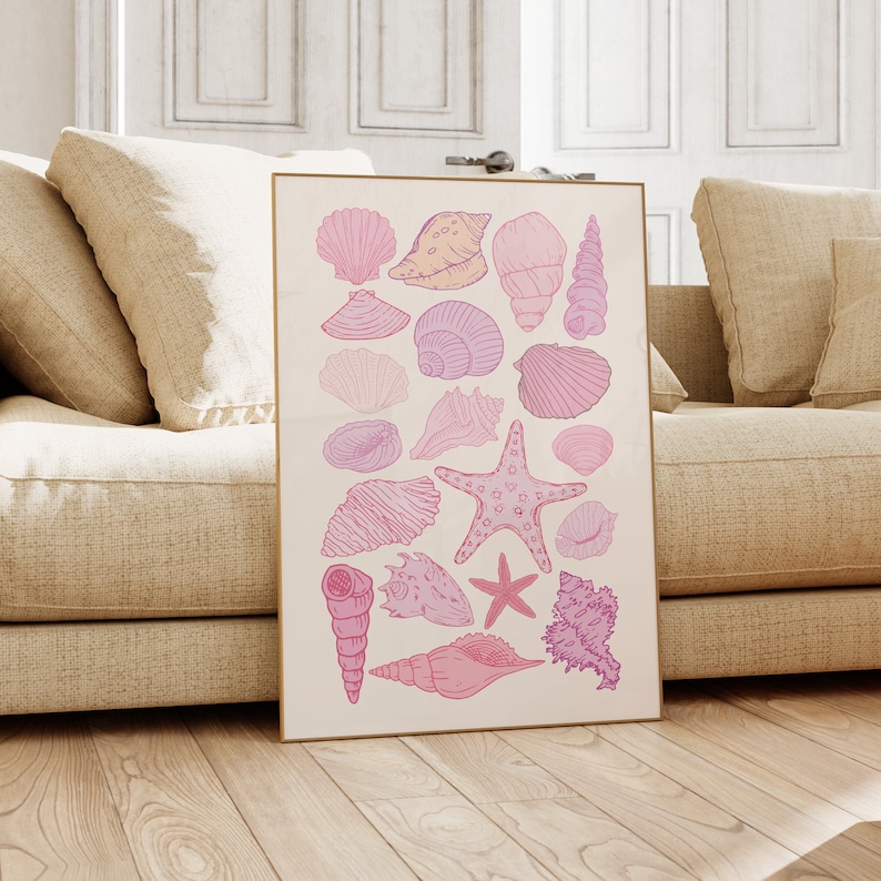 Seashell Art Prints, Trendy Coastal Wall Art, Coastal Cowgirl Decor, Cute Summer Posters, Pink Beachy House Decor, Sea Aesthetic Printable