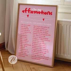 daily affirmations pink wall print, preppy y2k dorm room decor, trendy cute retro positive daily reminders college apartment decor wall art
