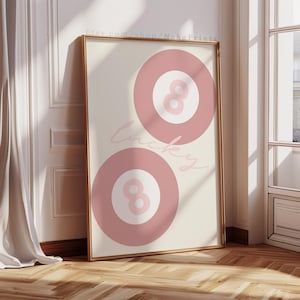 Lucky 8 Ball Print, Retro Lucky Girl Poster, Pink Vintage Pool Ball Wall Art, Y2k Aesthetic Apartment Decor, Funky Eight Ball Bar Cart Art