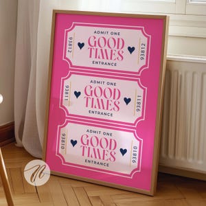 Plakat z biletem Good Times, wydruk koktajlowy Bar Cart Art, modna ciemnoniebieska sztuka ścienna, różowy wystrój apartamentu w college'u, elegancki wystrój akademika