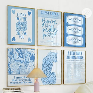 Coastal Beachy Preppy Blue Gallery Print Set of 6 Light Blue Surf Wall Art Apartment Dorm Decor Aesthetic Really Pretty Guest Check Print