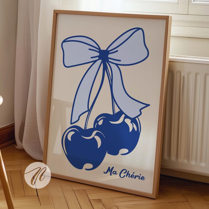 Ma Cherie Navy Blue Bow Cherry Print, Coquette Wall Art, Preppy Coastal Bow Aesthetic, Messy Coquette Girly Dorm Apartment Decor Poster