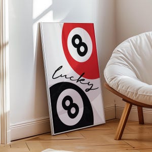 Lucky 8 Ball Print, Retro Lucky Girl Poster, Czerwona sztuka ścienna Vintage Pool Ball, Y2k Aesthetic Apartment Decor, Funky Eight Ball Bar Cart Art
