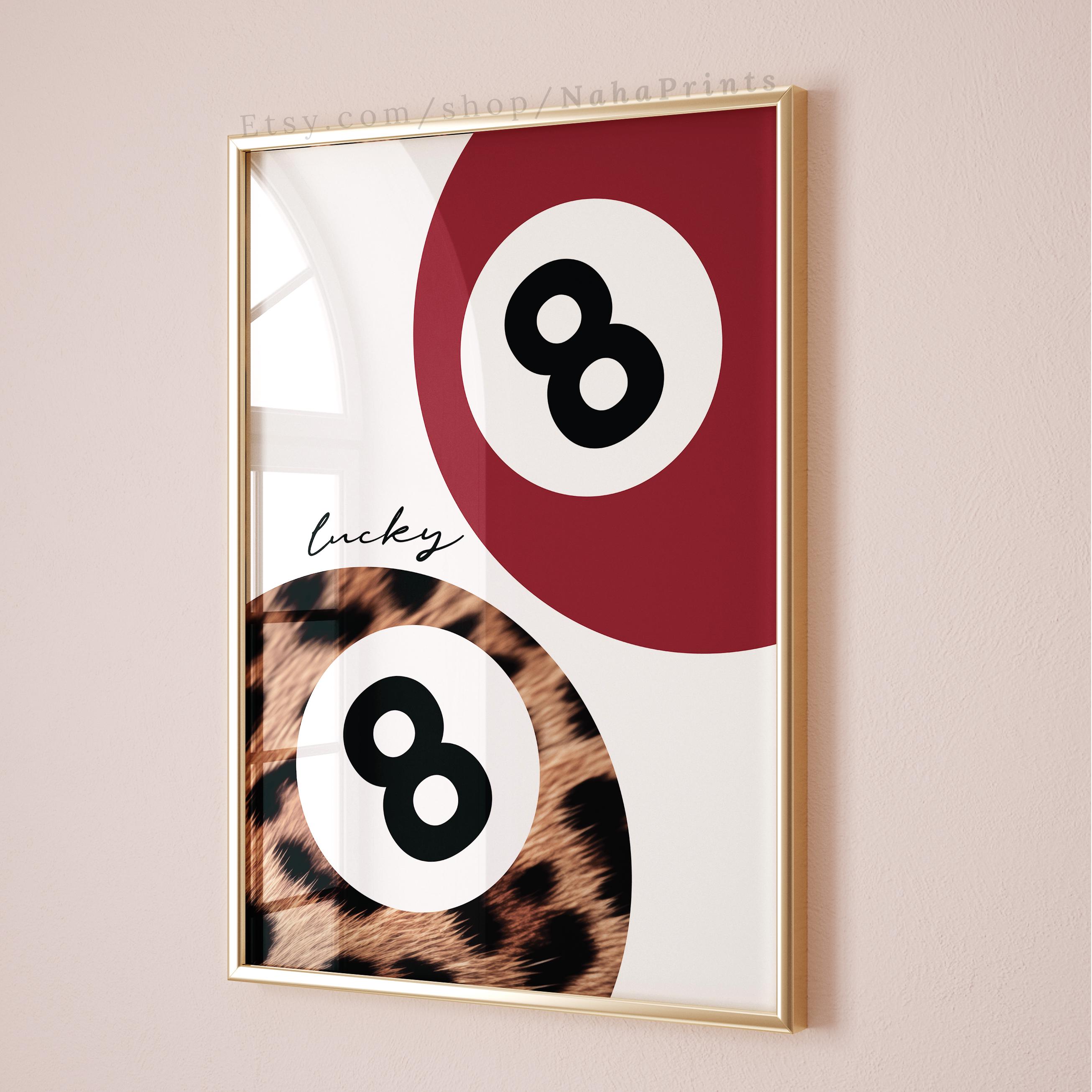 Retro 8 Ball Print, Red and Leopard, Lucky Dorm Decor (digital