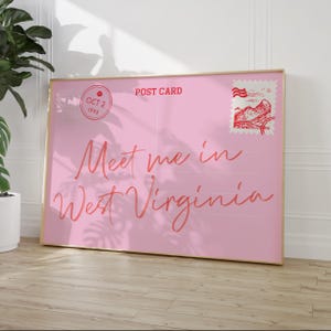 Impression de carte postale de Virginie-Occidentale, art mural State Love, esthétique rose minimaliste, cadeau de Virginie-Occidentale, décoration d'État de la maison, affiche typographique mignonne