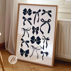 navy bows print coquette room decor, preppy dorm wall art, trendy apartment decor, girly room aesthetic, navy blue aesthetic, digital art