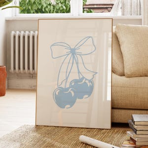Blue Bow Cherry Print, Dekoracja pokoju Coquette, Plakat Light Blue Bow, Estetyka akademika Old Money, Sztuka ścienna Preppy Beachy, Wystrój apartamentu w stylu nadmorskim