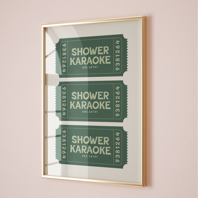 Elevate your space with this trendy shower karaoke ticket print. This sage green and pink aesthetic wall art is an ideal decor for a bathroom.
