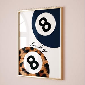8 Ball Leopardenmuster Retro Lucky Girl Poster, Navy Vintage Pool Ball Wandkunst, Y2k Ästhetischer Wohnungsdekor, Funky Eight Ball Bar Warenkorb Kunst