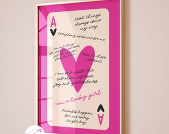 Lucky Girl Syndrome Ace of Hearts Card Aesthetic Poster, Trendy Pink Black Wall Art Prints, Preppy Funky Dopamine Dorm Apartment Decor