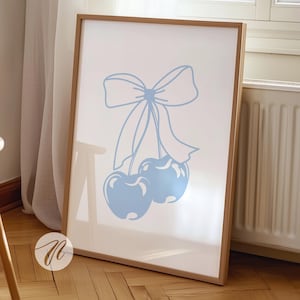 Blue Bow Cherry Print, Dekoracja pokoju Coquette, Plakat Light Blue Bow, Estetyka akademika Old Money, Sztuka ścienna Preppy Beachy, Wystrój apartamentu w stylu nadmorskim