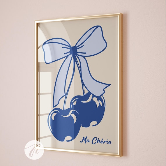 Navy Blue Cherry Bow Print, Ma Cherie, Coquette Room Decor (Digital Download)