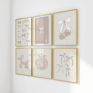 Juego de 6 estampados de lazos beige, decoración de coqueta beige, arte de pared preppy con el síndrome de la chica afortunada, decoración de apartamentos universitarios, estética de habitación femenina