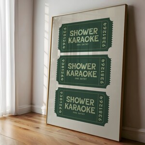 Elevate your space with this trendy shower karaoke ticket print. This sage green and pink aesthetic wall art is an ideal decor for a bathroom.