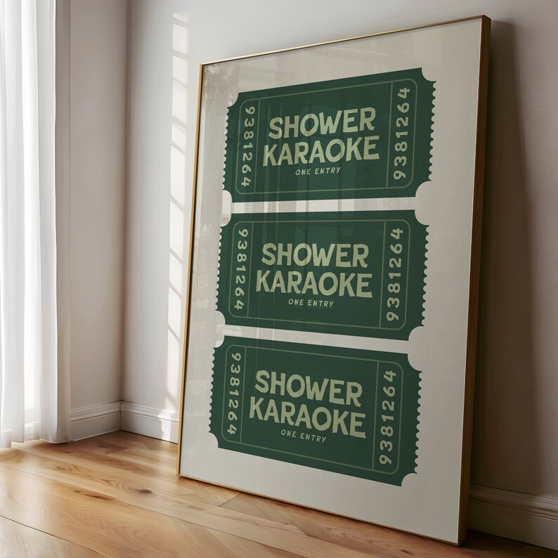 Elevate your space with this trendy shower karaoke ticket print. This sage green and pink aesthetic wall art is an ideal decor for a bathroom.
