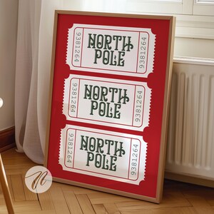 north pole ticket print, red christmas wall art decor, trendy christmas prints, funky christmas art, holiday decor, printable digital prints