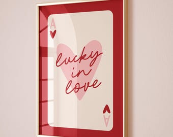 lucky in love ace of hearts card aesthetic poster trendy valentines day wall art red pink heart retro preppy funky home apartment decor