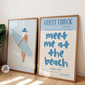 guest check prints coastal cowgirl beachy surf wall art apartment decor muted light blue preppy dorm aesthetic print meet me at the beach