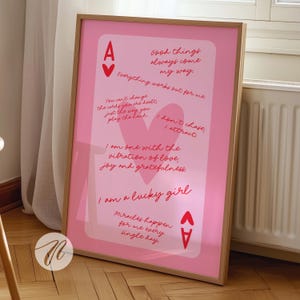 Syndrome de la fille chanceuse carte de l'as de coeur affiche esthétique art mural tendance impressions roses et rouges art de chariot de bar rétro décoration d'appartement géniale preppy