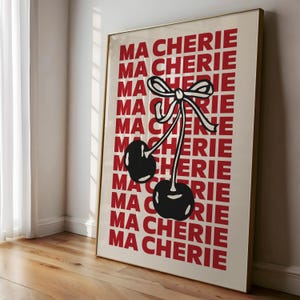 Póster de cereza con lazo de Ma Cherie, decoración de habitación con coqueta roja, arte de pared de chica it del centro de la ciudad, carteles y grabados retro con estilo de los años 70, decoración estética de la habitación