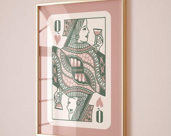 Queen of hearts prints, pink and green aesthetic trendy wall art poster, Preppy wall art decor, Retro bar cart art, Trendy green printables