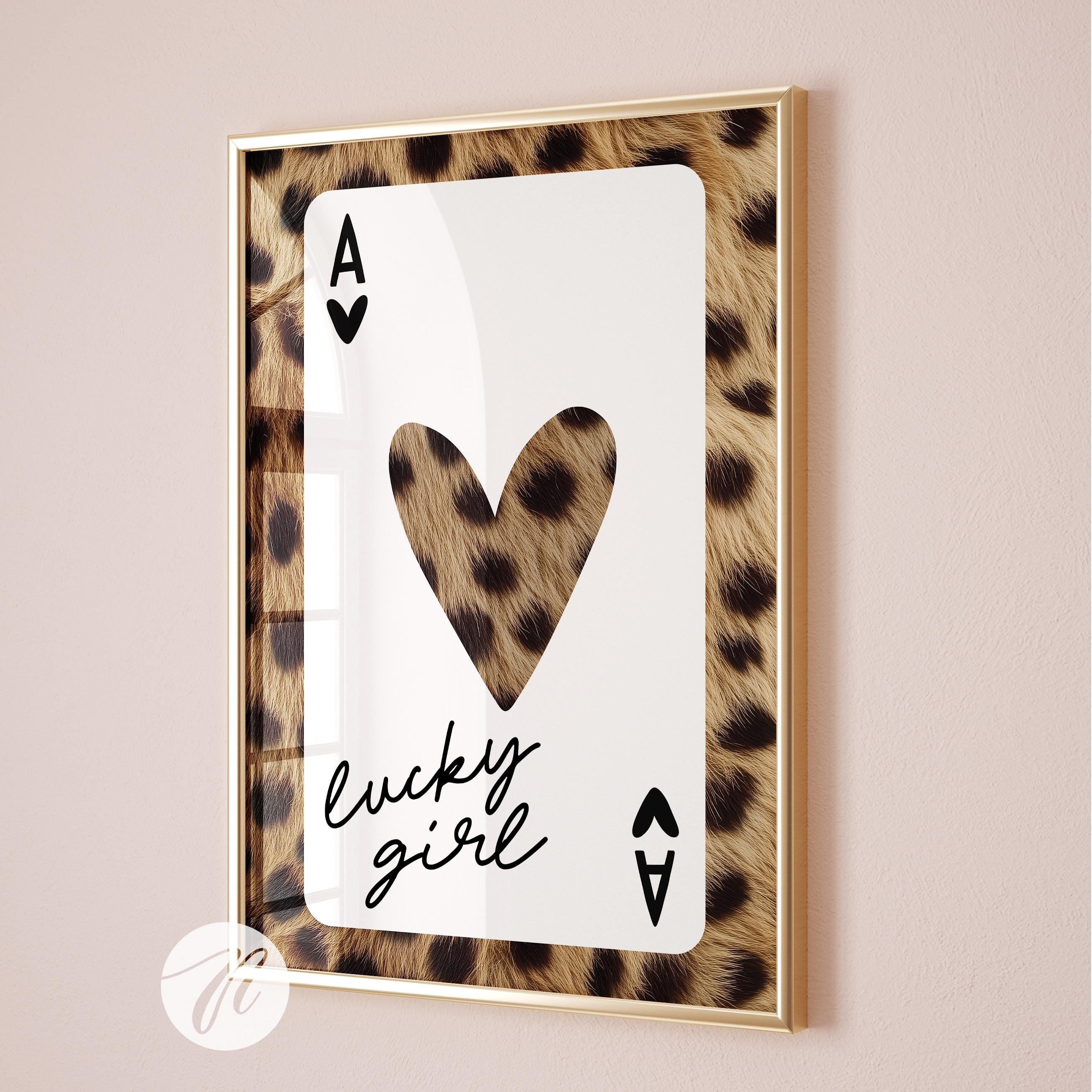 Playing Card Art, Lucky Girl, Leopard Print, Affirmation Wall Art
