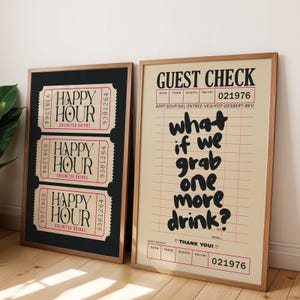 Retro Happy Hour Ticket Print, Bar Cart Set of 2 Decor, One More Drink Guest Check Poster, Black Beige Neutral Wall Art, Printable