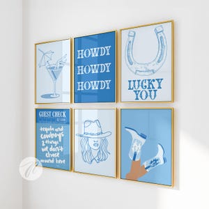 coastal cowgirl gallery print set of 6, tequila and cowboys guest check poster, dorm wall art, preppy beachy surf aesthetic apartment decor