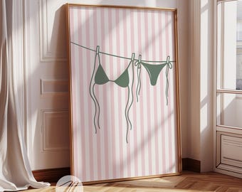 Bikini Art Print, Bathing Suit Poster, Beachy Prints, Coconut Girl, Coastal Aesthetic Wall Art, Green Pink Apartment Decor, Digital Download