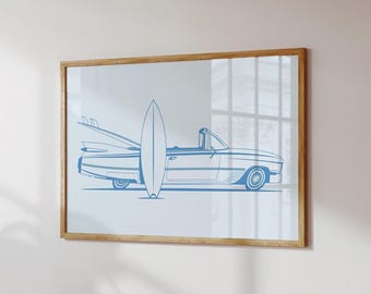 coastal retro surf car print, horizontal light blue surfing wall art, preppy beachy room aesthetic poster, blue college dorm apartment decor
