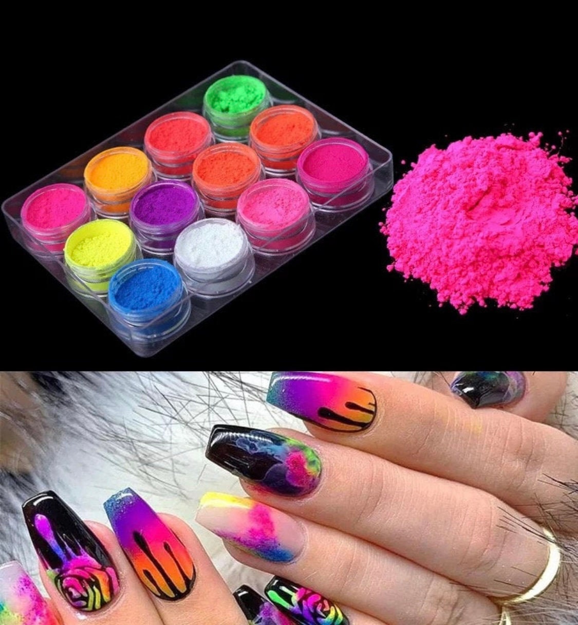 Set Of Neon Florescent Glow In The Dark Opal Acrylic Nail Puffs With Acne  And Crystal Sculpture From Yoochoice, $1.8
