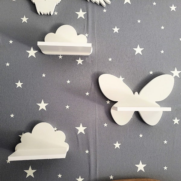 Wolke Wandregal, 3er Set, Schmetterling mit Wolken - Prestige-Klasse, Weiß mit Montagehaken, Regale für kinder, kinderzimmer, babyzimmer