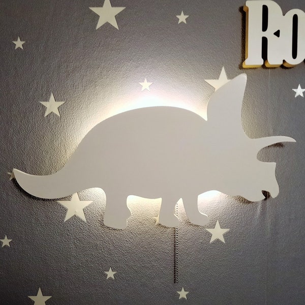 Lámpara de noche para niños dinosaurio dino Triceratops, estilo jurásico. Habitación infantil, colgante con 3 pilas AA incluidas, luz cálida LED