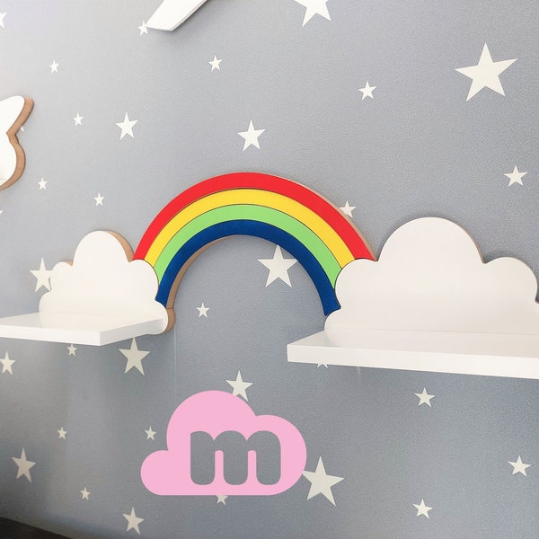 Wolke Wandregal, 2er Set, mit Regenbogen, Weiß mit Montagehaken, Cloud Regale für kinder, kinderzimmer, babyzimmer, hängend